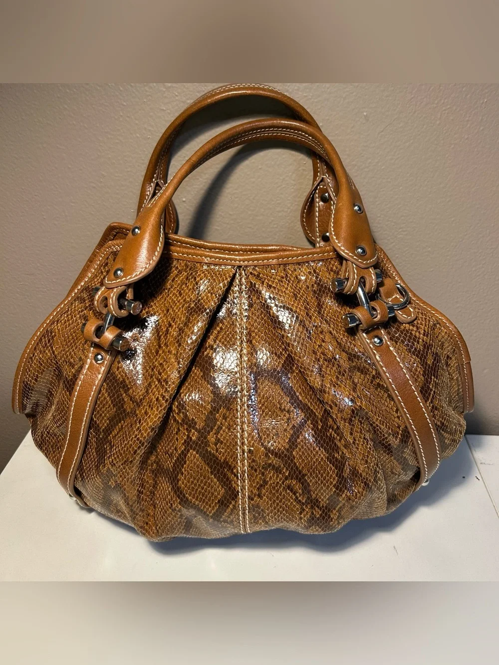 Barr + Barr New York NWT Snakeskin Leather Satchel Crossbody Handbag Purse Brown